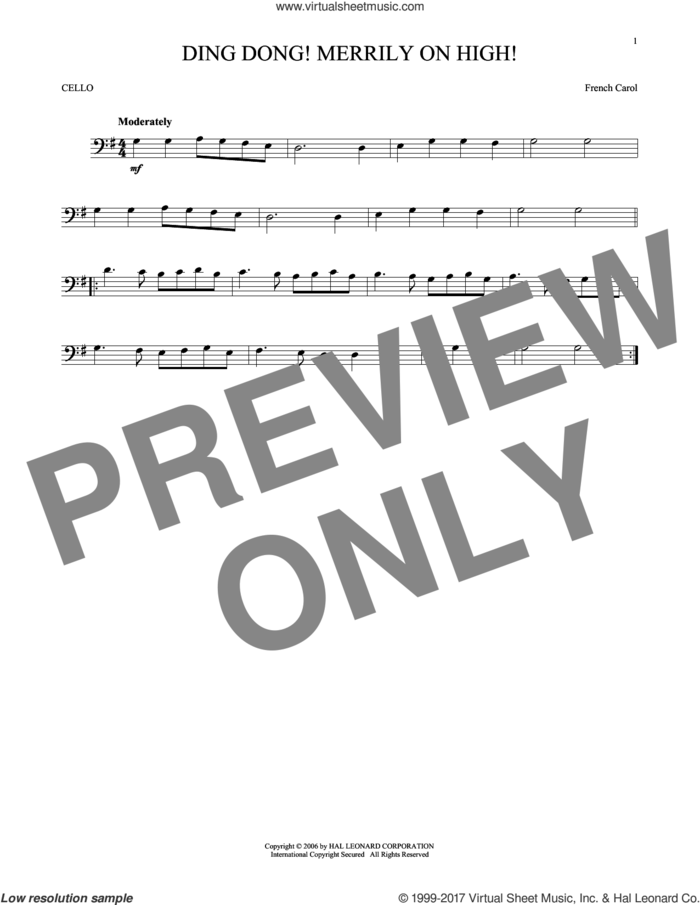 Ding Dong! Merrily On High! sheet music for cello solo, intermediate skill level