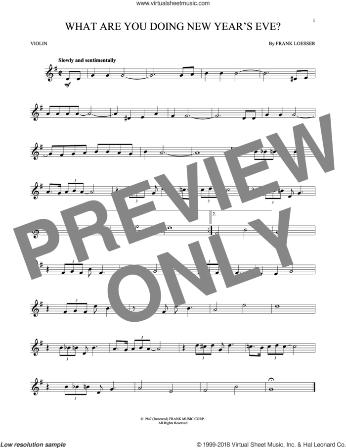 What Are You Doing New Year's Eve? sheet music for violin solo by Frank Loesser, intermediate skill level