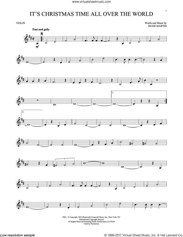It's Christmas Time All Over The World sheet music for violin solo by Hugh Martin, intermediate skill level