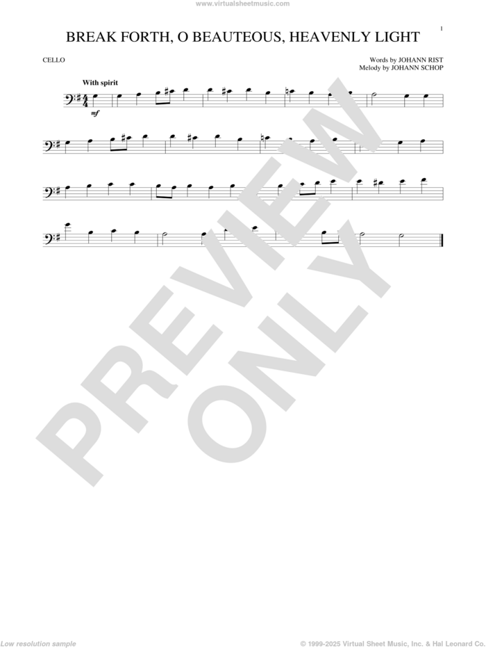 Break Forth, O Beauteous, Heavenly Light sheet music for cello solo by Johann Sebastian Bach, Johann Rist and Johann Schop, classical score, intermediate skill level