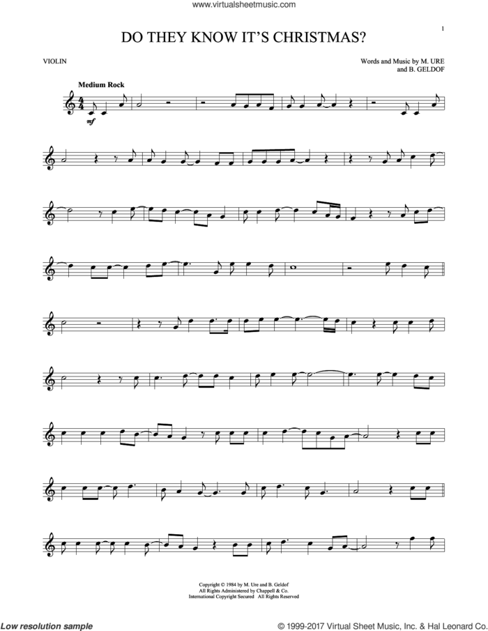 Do They Know It's Christmas? (Feed The World) sheet music for violin solo by Band Aid, Bob Geldof and Midge Ure, intermediate skill level
