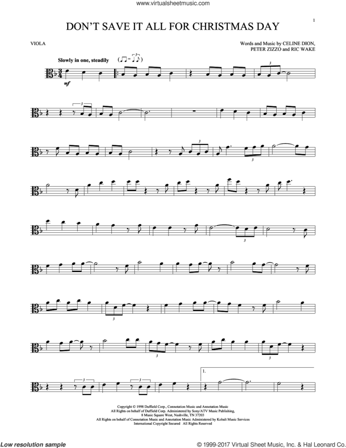 Don't Save It All For Christmas Day sheet music for viola solo by Celine Dion, Peter Zizzo and Ric Wake, intermediate skill level