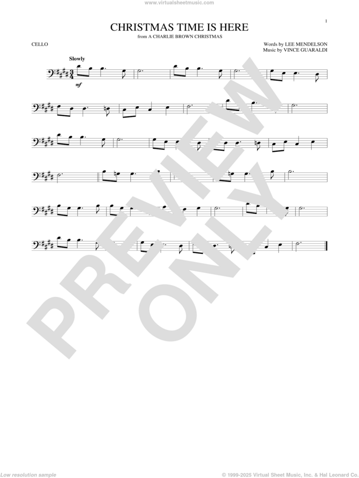 Christmas Time Is Here sheet music for cello solo by Vince Guaraldi and Lee Mendelson, intermediate skill level