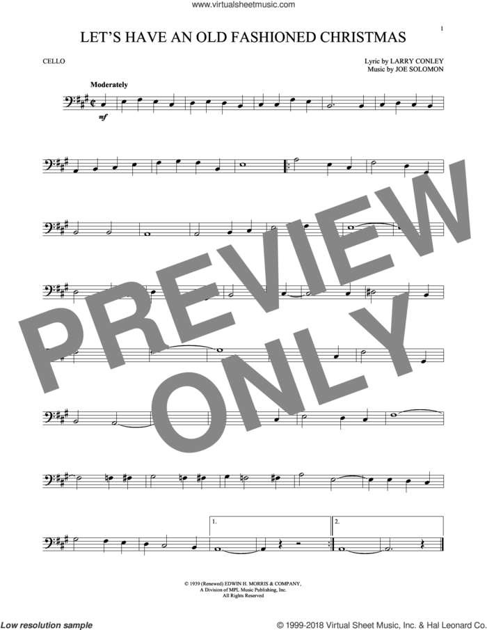 Let's Have An Old Fashioned Christmas sheet music for cello solo by Larry Conley and Joe Solomon, intermediate skill level