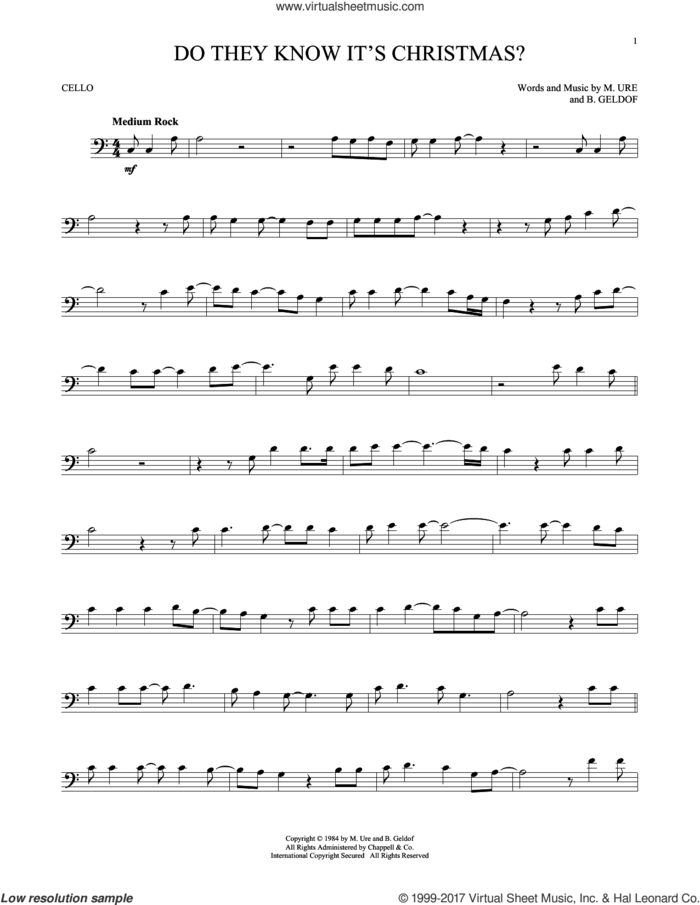 Do They Know It's Christmas? (Feed The World) sheet music for cello solo by Band Aid, Bob Geldof and Midge Ure, intermediate skill level