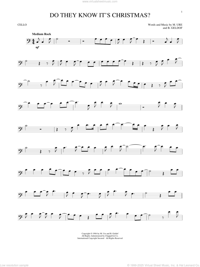 Do They Know It's Christmas? (Feed The World) sheet music for cello solo by Band Aid, Bob Geldof and Midge Ure, intermediate skill level