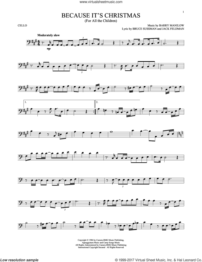 Because It's Christmas (For All The Children) sheet music for cello solo by Barry Manilow, Bruce Sussman and Jack Feldman, intermediate skill level