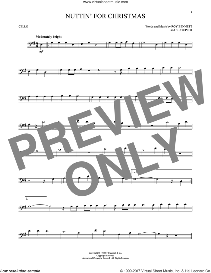Nuttin' For Christmas sheet music for cello solo by Sid Tepper and Roy Bennett, intermediate skill level