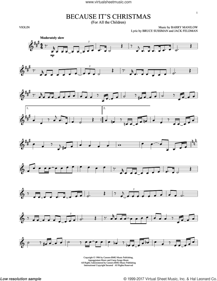 Because It's Christmas (For All The Children) sheet music for violin solo by Barry Manilow, Bruce Sussman and Jack Feldman, intermediate skill level