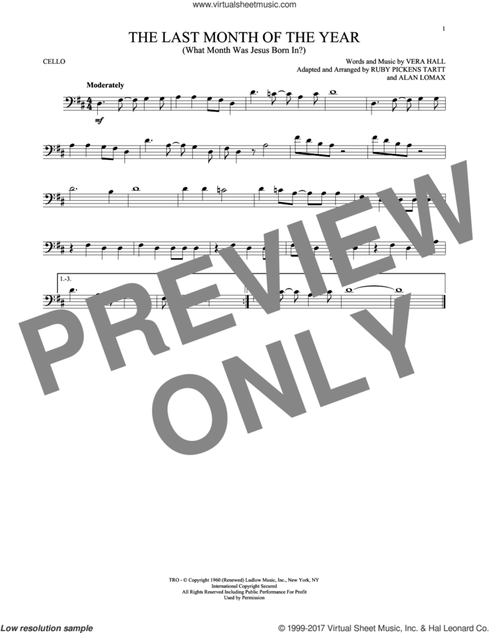 The Last Month Of The Year (What Month Was Jesus Born In?) sheet music for cello solo by Ruby Pickens Tartt, John A. Lomax and Vera Hall, intermediate skill level