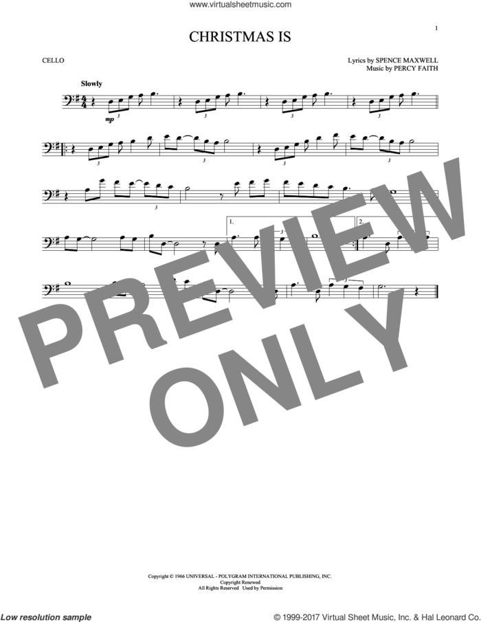 Christmas Is sheet music for cello solo by Percy Faith and Spence Maxwell, intermediate skill level