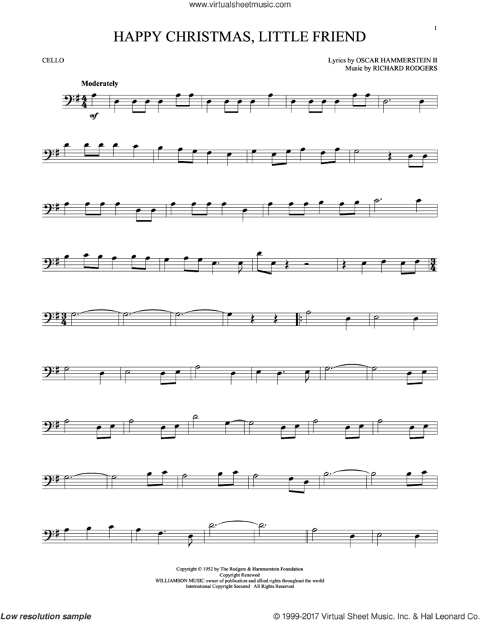 Happy Christmas, Little Friend sheet music for cello solo by Rodgers & Hammerstein, Oscar II Hammerstein and Richard Rodgers, intermediate skill level