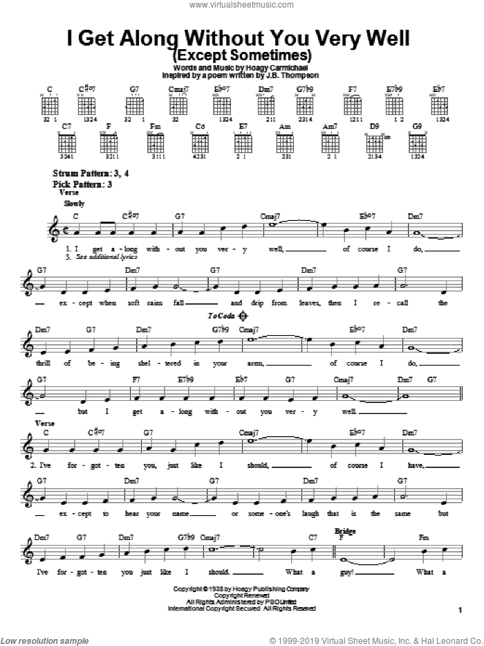 I Get Along Without You Very Well (Except Sometimes) sheet music for guitar solo (chords) by Hoagy Carmichael, easy guitar (chords)