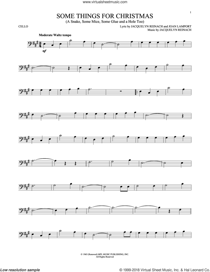 Some Things For Christmas (A Snake, Some Mice, Some Glue And A Hole Too) sheet music for cello solo by Jacquelyn Reinach and Joan Lamport, intermediate skill level