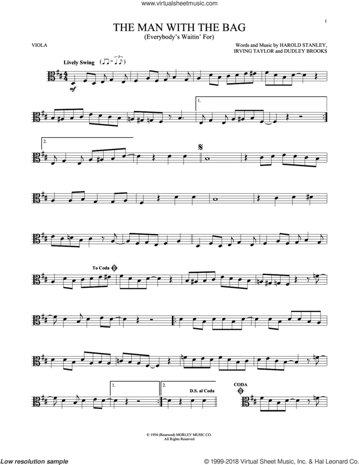 (Everybody's Waitin' For) The Man With The Bag sheet music for viola solo by Irving Taylor, Dudley Brooks and Harold Stanley, intermediate skill level