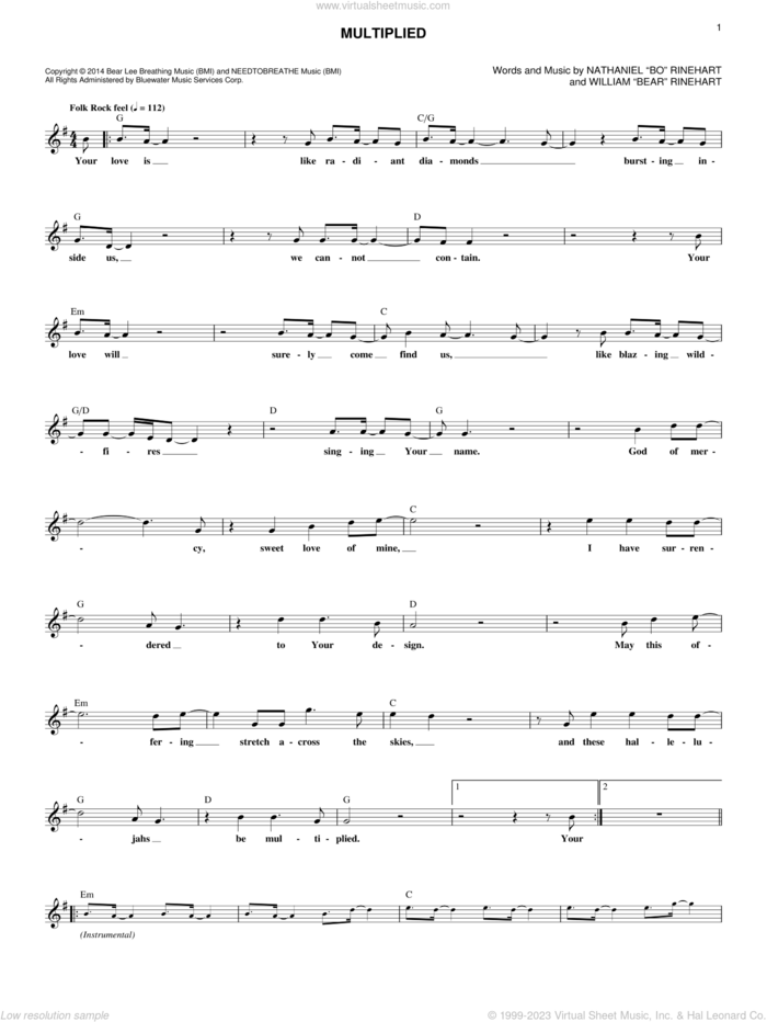 Multiplied sheet music for voice and other instruments (fake book) by NEEDTOBREATHE, Nathaniel 'Bo' Rinehart and William 'Bear' Rinehart, intermediate skill level