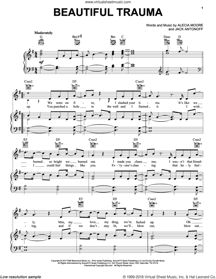 Beautiful Trauma sheet music for voice, piano or guitar by Alecia Moore, Miscellaneous and Jack Antonoff, intermediate skill level