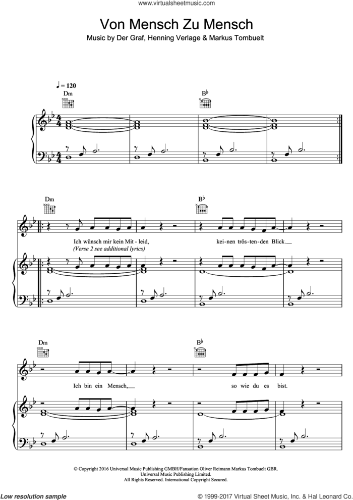 Von Mensch Zu Mensch sheet music for voice, piano or guitar by Unheilig, Der Graf, Henning Verlage and Markus Tombuelt, intermediate skill level
