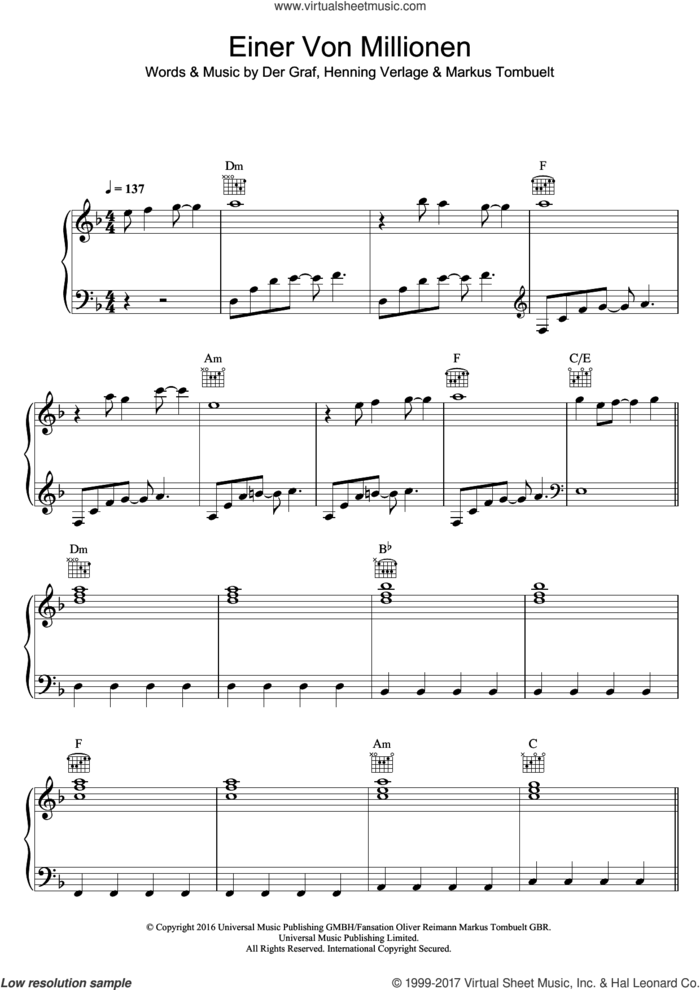 Einer Von Millionen sheet music for voice, piano or guitar by Unheilig, Der Graf, Henning Verlage and Markus Tombuelt, intermediate skill level