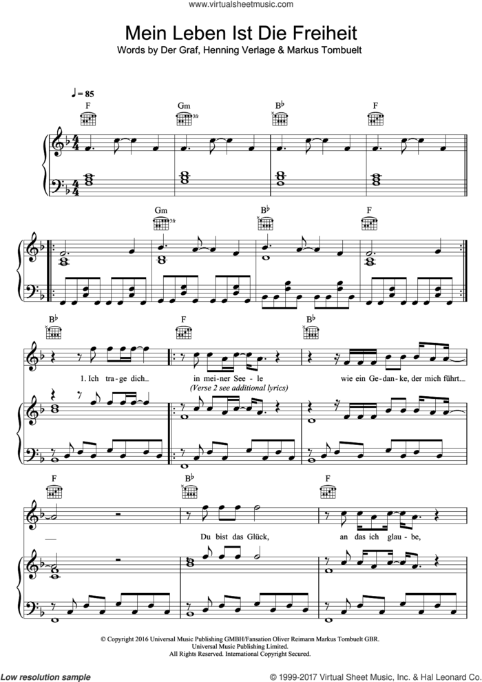 Mein Leben Ist Die Freiheit sheet music for voice, piano or guitar by Unheilig, intermediate skill level