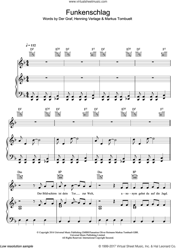Funkenschlag sheet music for voice, piano or guitar by Unheilig, intermediate skill level