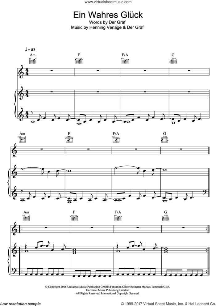 Ein Wahres Gluck sheet music for voice, piano or guitar by Unheilig, Der Graf and Henning Verlage, intermediate skill level