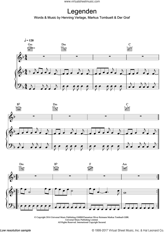 Legenden sheet music for voice, piano or guitar by Unheilig, Der Graf, Henning Verlage and Markus Tombuelt, intermediate skill level