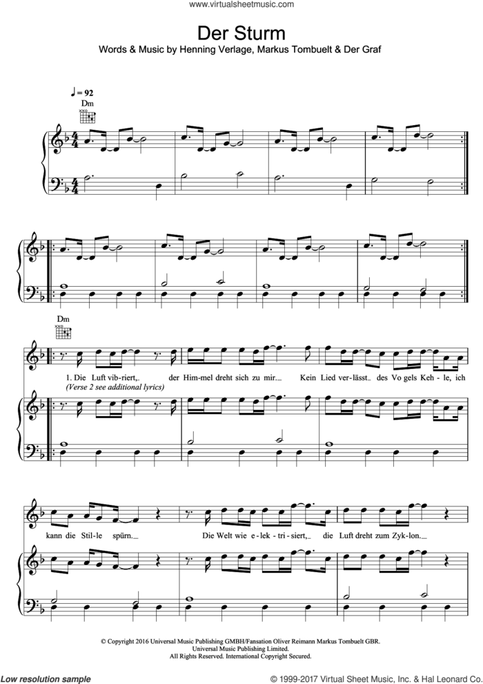 Der Sturm sheet music for voice, piano or guitar by Unheilig, Der Graf, Henning Verlage and Markus Tombuelt, intermediate skill level