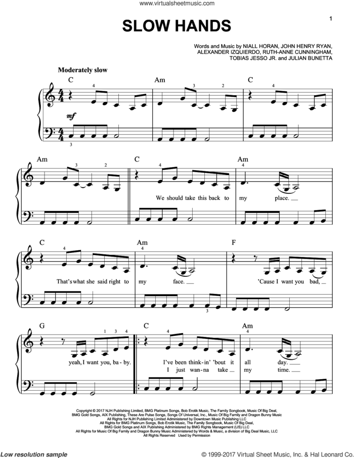 Slow Hands sheet music for piano solo by Niall Horan, Alexander Izquierdo, John Henry Ryan, Julian Bunetta, Ruth Anne Cunningham and Tobias Jesso Jr., easy skill level