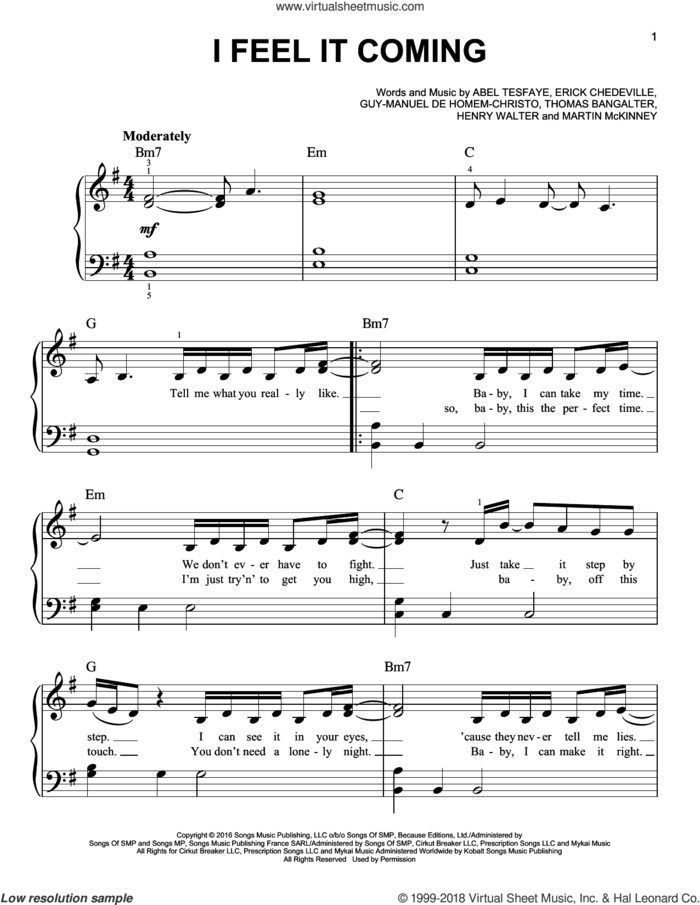 I Feel It Coming sheet music for piano solo by The Weeknd feat. Daft Punk, Abel Tesfaye, Eric Chedeville, Guy-Manuel de Homem-Christo, Henry Walter, Martin McKinney and Thomas Bangalter, easy skill level