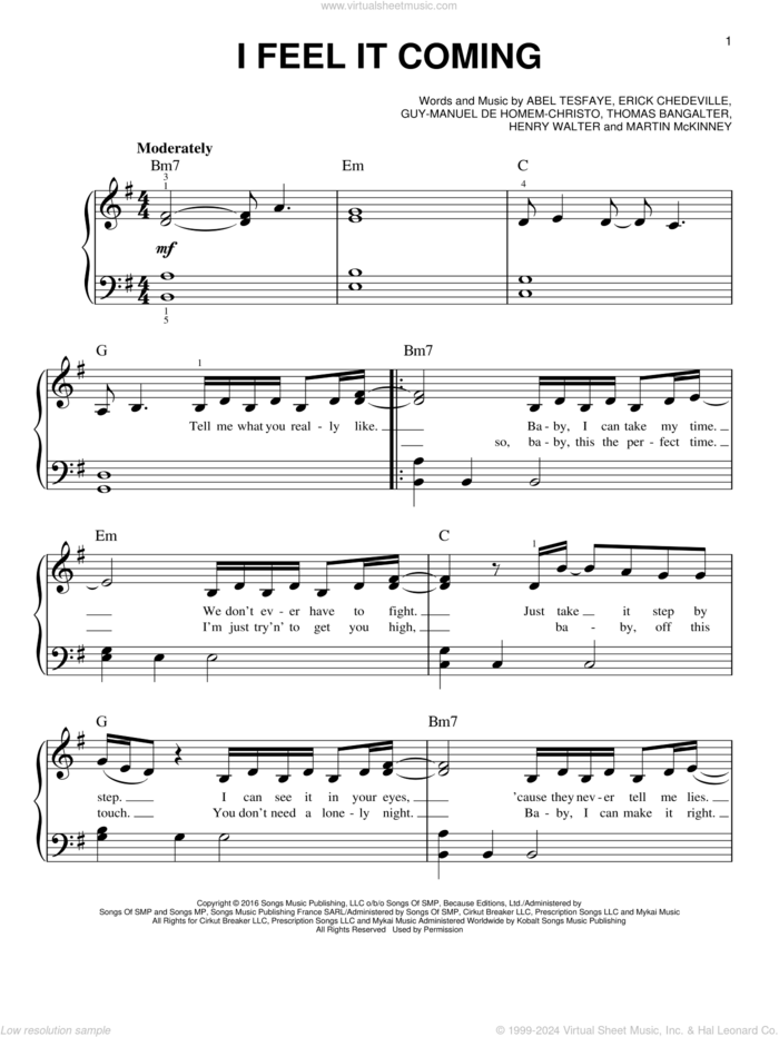 I Feel It Coming sheet music for piano solo by The Weeknd feat. Daft Punk, Abel Tesfaye, Eric Chedeville, Guy-Manuel de Homem-Christo, Henry Walter, Martin McKinney and Thomas Bangalter, easy skill level