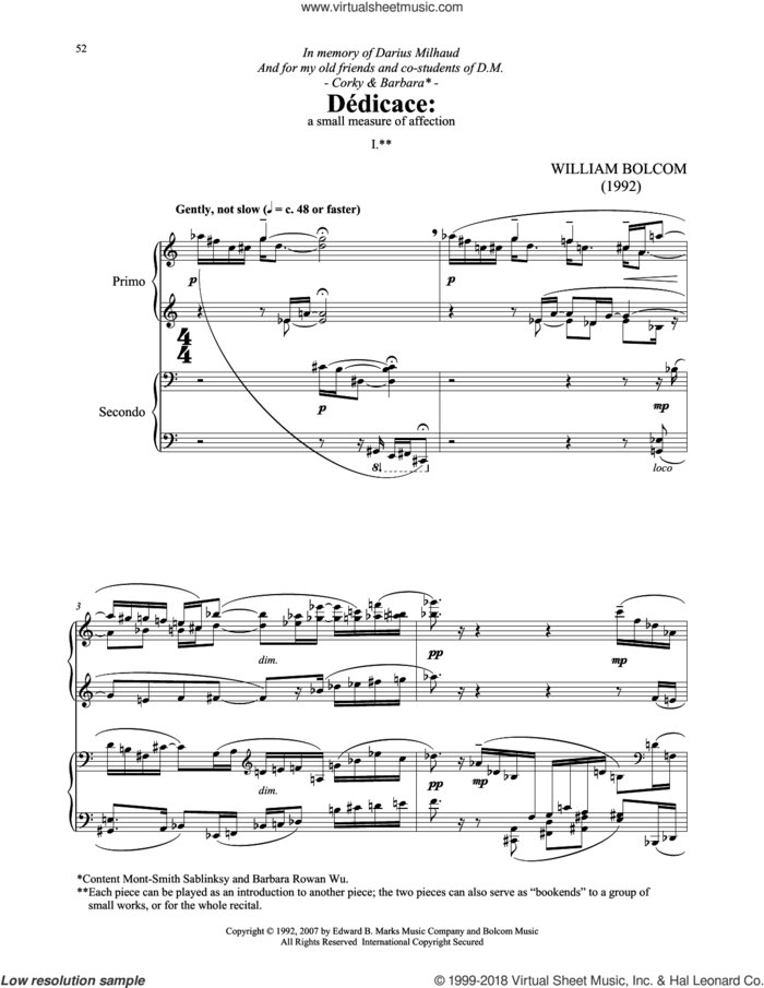 Dedicace sheet music for piano four hands by William Bolcom, classical score, intermediate skill level