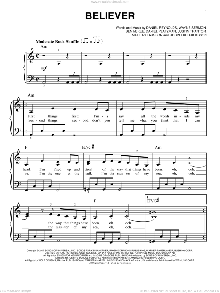 Believer, (easy) sheet music for piano solo by Imagine Dragons, Ben McKee, Dan Reynolds, Daniel Platzman, Justin Tranter, Mattias Larsson, Robin Fredriksson and Wayne Sermon, easy skill level