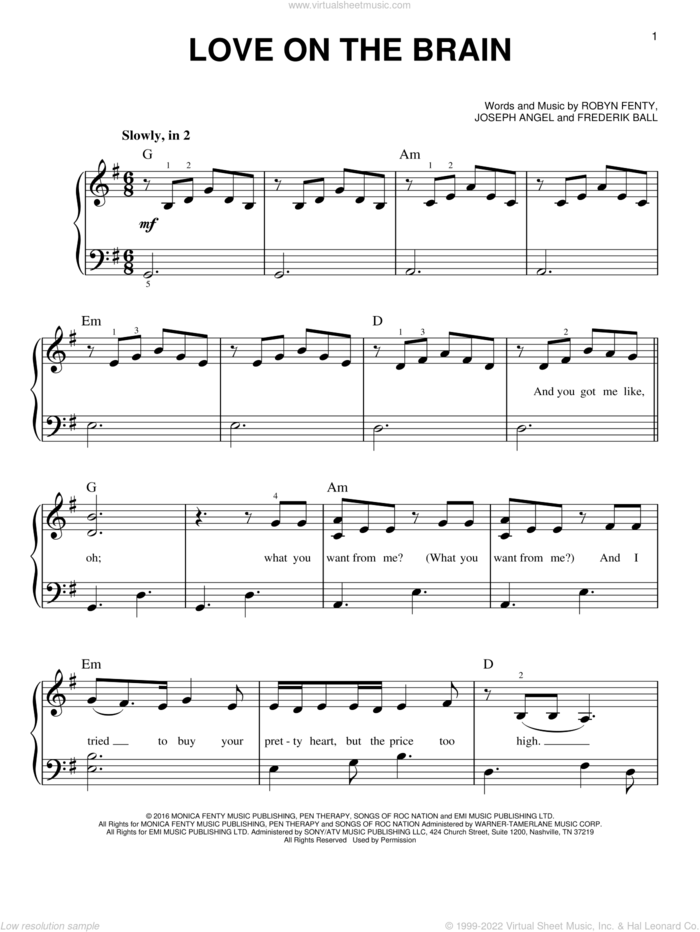 Love On The Brain sheet music for piano solo by Rihanna, Frederik Ball, Joseph Angel and Robyn Fenty, easy skill level