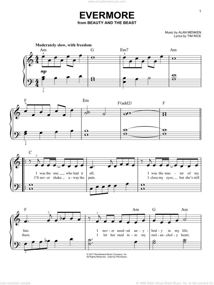 Evermore (from Beauty and the Beast) sheet music for piano solo by Josh Groban, Alan Menken and Tim Rice, easy skill level