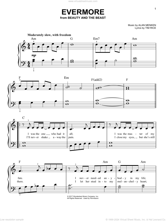 Evermore (from Beauty and the Beast) sheet music for piano solo by Josh Groban, Alan Menken and Tim Rice, easy skill level