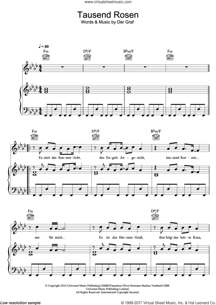 Tausend Rosen sheet music for voice, piano or guitar by Unheilig and Der Graf, intermediate skill level