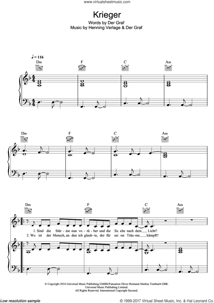 Krieger sheet music for voice, piano or guitar by Unheilig, Der Graf and Henning Verlage, intermediate skill level