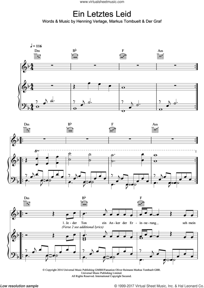 Ein Letztes Lied sheet music for voice, piano or guitar by Unheilig, Der Graf, Henning Verlage and Markus Tombuelt, intermediate skill level