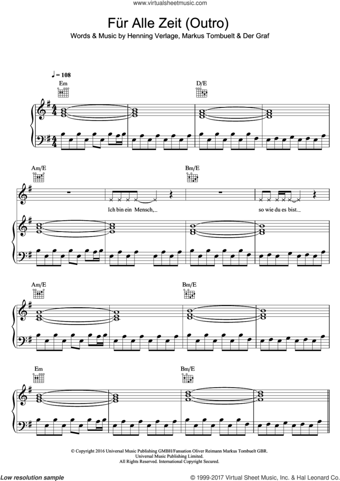 Fur Alle Zeit (Outro) sheet music for voice, piano or guitar by Unheilig, Der Graf, Henning Verlage and Markus Tombuelt, intermediate skill level