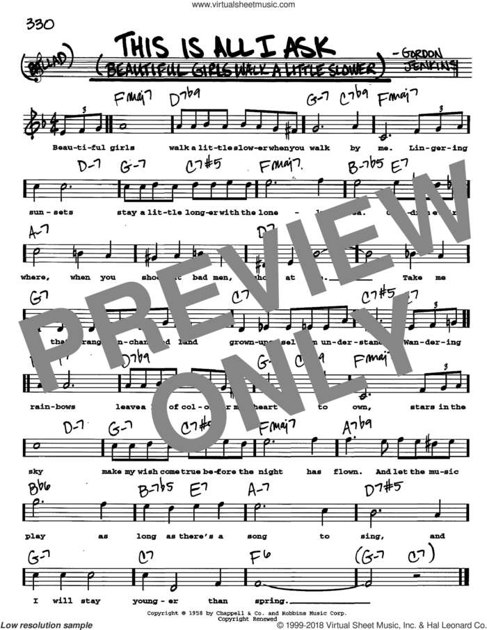 This Is All I Ask (Beautiful Girls Walk A Little Slower) sheet music for voice and other instruments  by Gordon Jenkins, intermediate skill level
