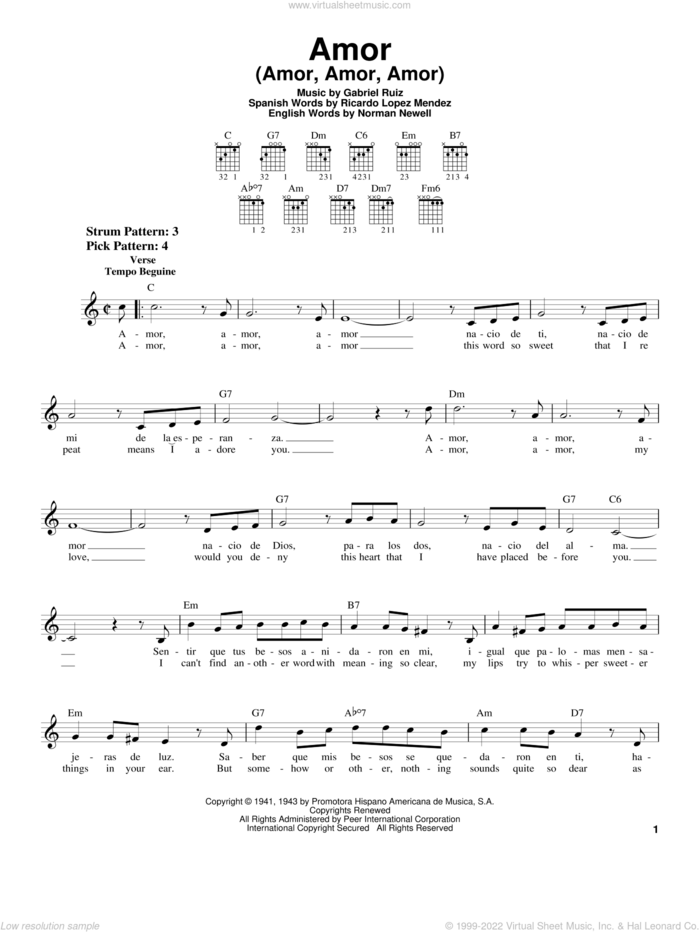 Amor (Amor, Amor, Amor) sheet music for guitar solo (chords) by Gabriel Ruiz, Norman Newell and Ricardo Lopez Mendez, easy guitar (chords)