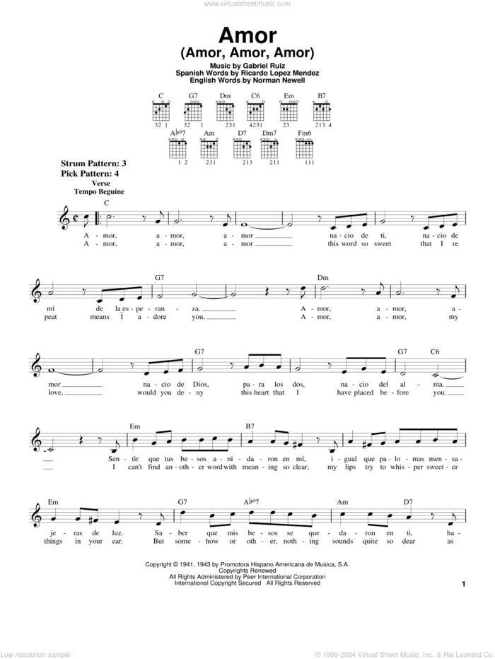 Amor (Amor, Amor, Amor) sheet music for guitar solo (chords) by Gabriel Ruiz, Norman Newell and Ricardo Lopez Mendez, easy guitar (chords)