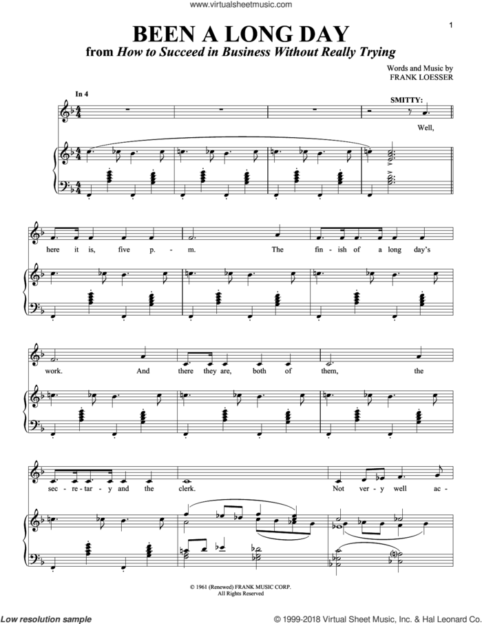 Been A Long Day sheet music for voice and piano by Frank Loesser, intermediate skill level
