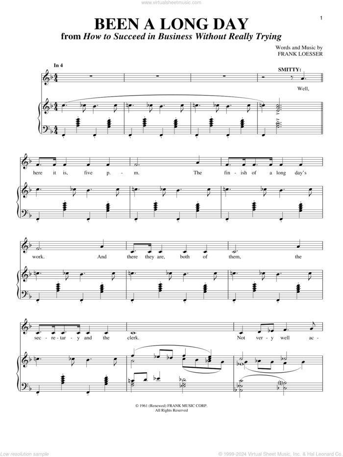 Been A Long Day sheet music for voice and piano by Frank Loesser, intermediate skill level