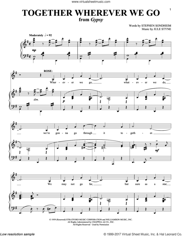 Together Wherever We Go sheet music for voice and piano by Stephen Sondheim and Jule Styne, intermediate skill level