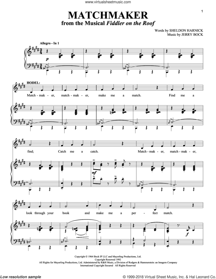 Matchmaker (from Fiddler On The Roof) sheet music for voice and piano by Bock & Harnick, Jerry Bock and Sheldon Harnick, intermediate skill level
