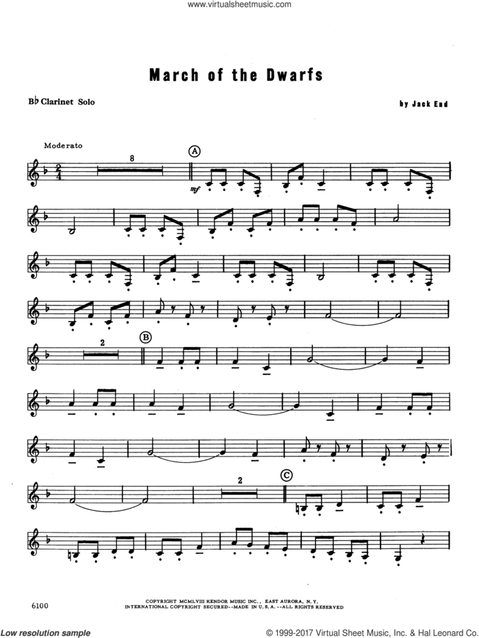 March of the Dwarfs (complete set of parts) sheet music for clarinet and piano by Jack End, classical score, intermediate skill level