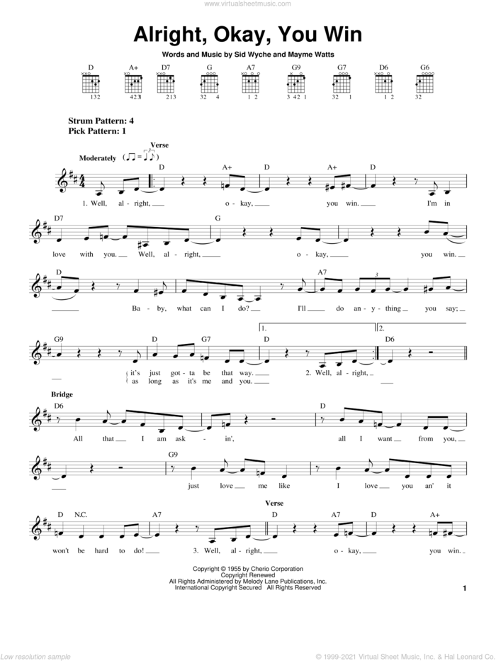 Alright, Okay, You Win sheet music for guitar solo (chords) by Peggy Lee, Mayme Watts and Sid Wyche, easy guitar (chords)