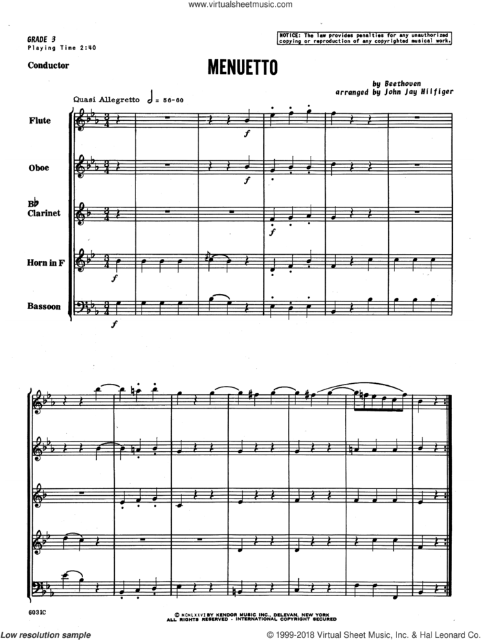 Menuetto (COMPLETE) sheet music for wind quintet by Ludwig van Beethoven and John Jay Hilfiger, classical score, intermediate skill level